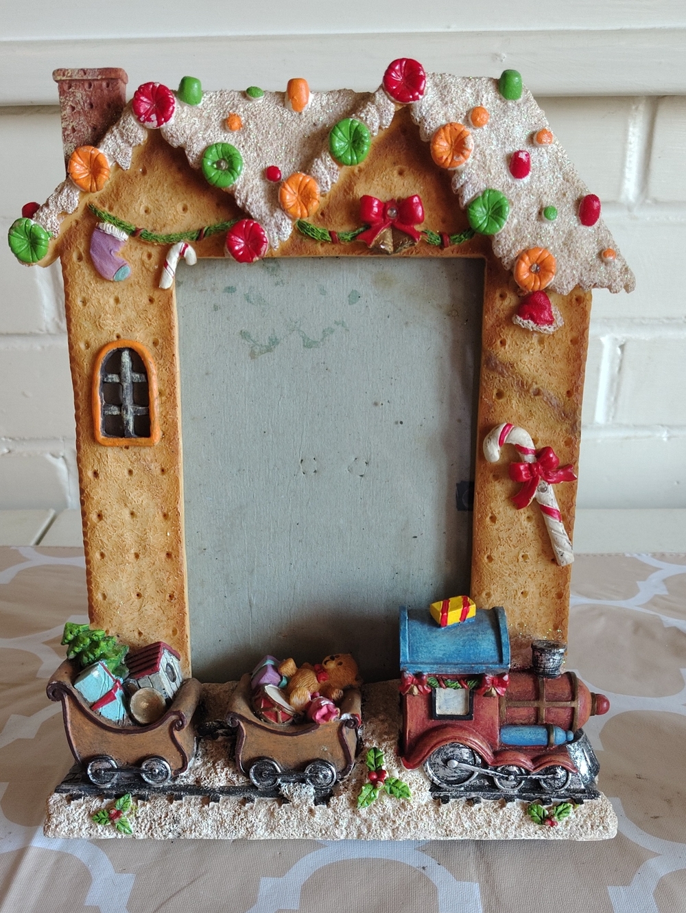 Gingerbread Holiday House Train Photo Frame | Vintage Christmas Decor